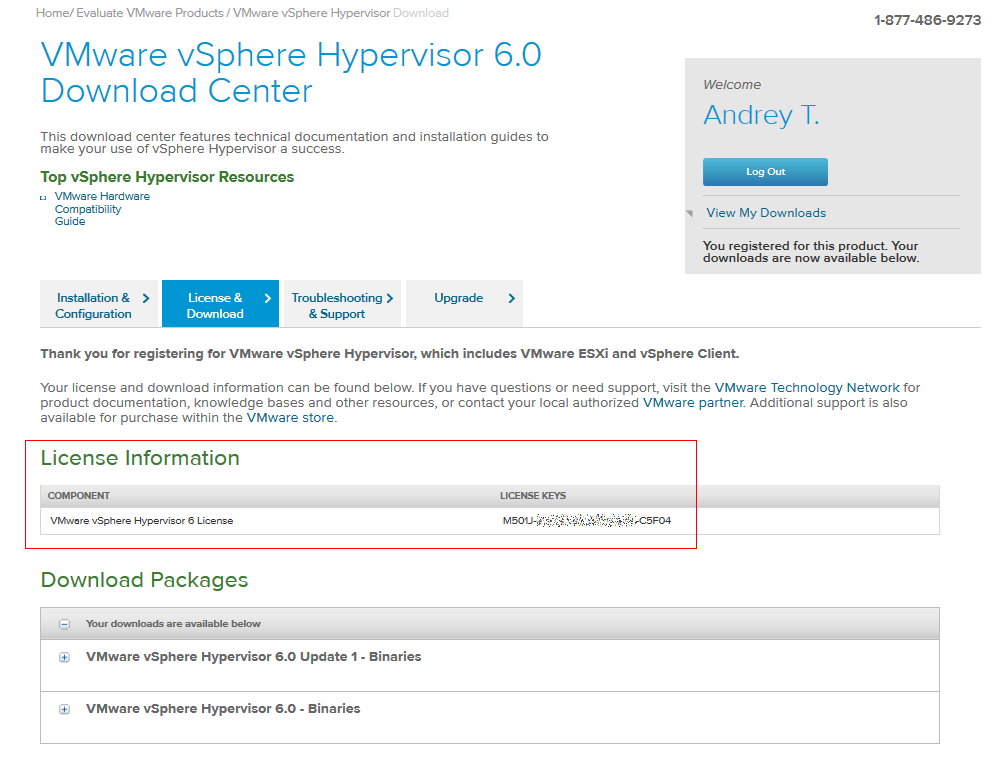 VMware vSphere Hypervisor 6.0 Download Center. License Keys