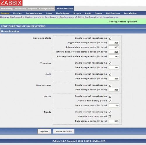 Zabbix. Configure housekeeper